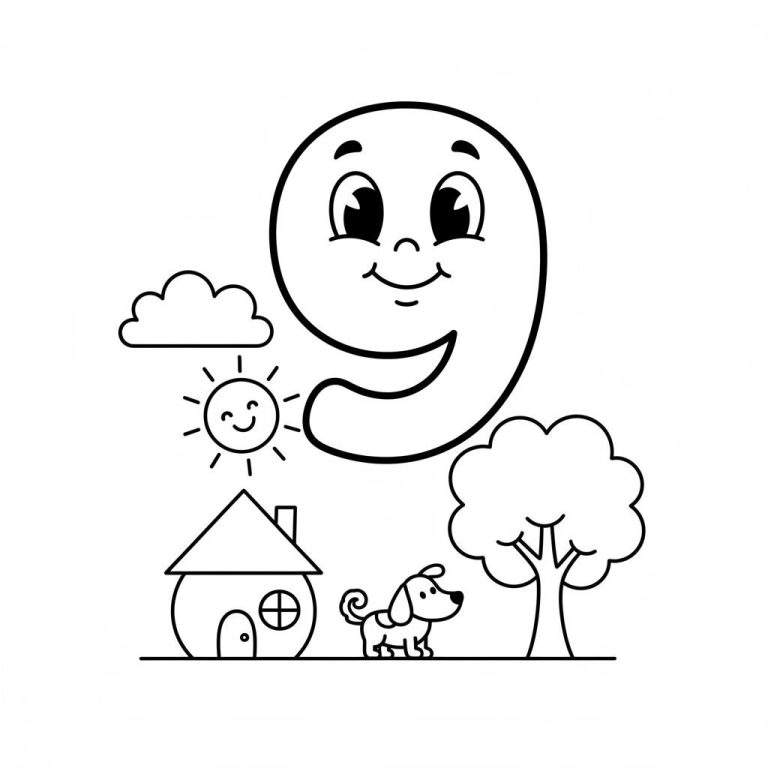 Kleurplaat van een vrolijk cijfer 9 met een gezicht, omringd door een lachende zon, wolk, knus huisje, blij hondje en een boom op een grondlijn.