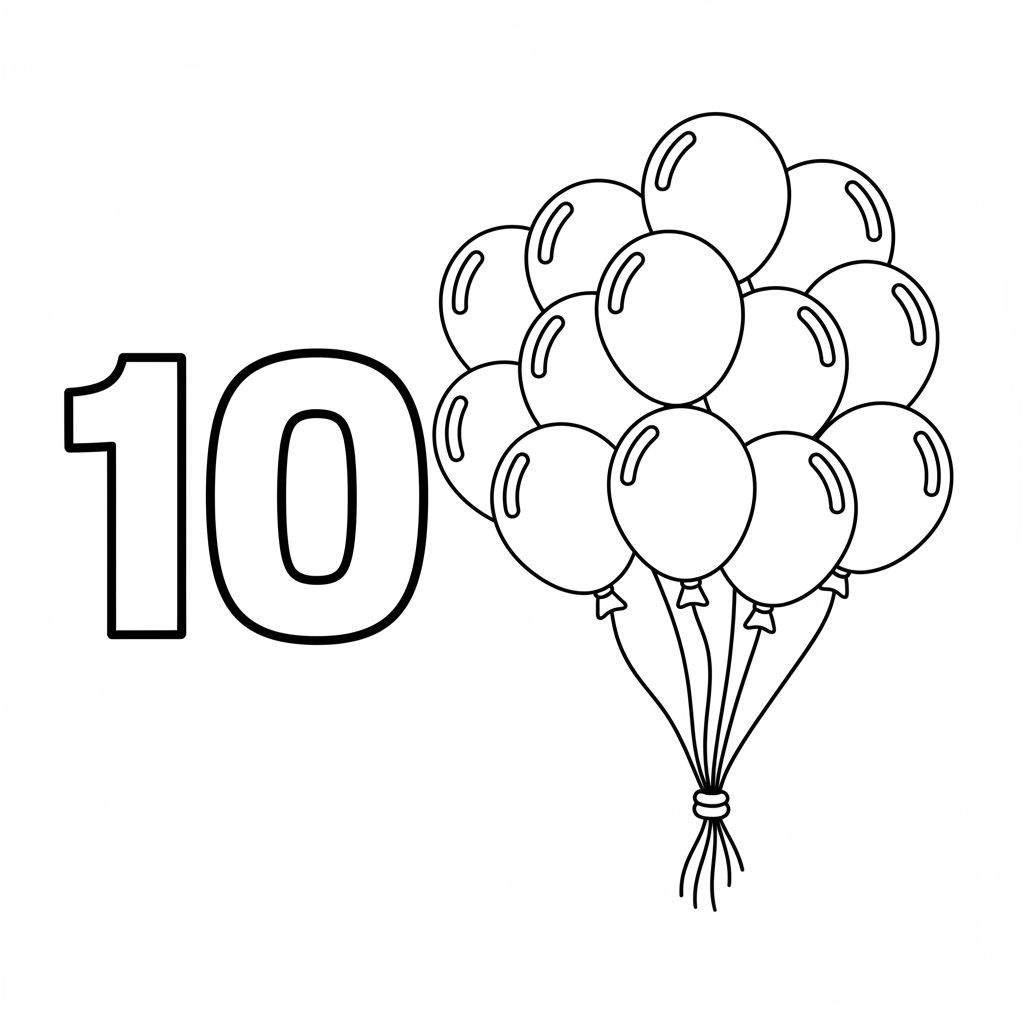 Zwart-witte kleurplaat: groot getal 10 en een feestelijke tros van ongeveer 14 ballonnen.