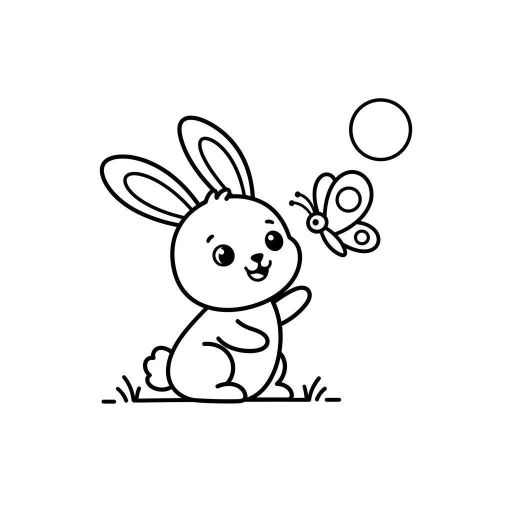 Kleurplaat: Vrolijk konijntje in het gras met opgeheven pootje, lachend naar een vlinder. Eenvoudige lijntekening.