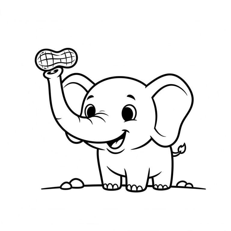 Zwart-wit kleurplaat van een vrolijke cartoon olifant die een pinda omhoog houdt met zijn slurf.