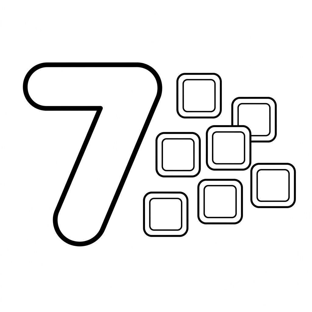 Kleurplaat met een groot, wit cijfer 7 met dikke zwarte omtrek aan de linkerkant, en zeven speels verspreide, witte vierkantjes met dikke zwarte omtrek aan de rechterkant op een witte achtergrond.