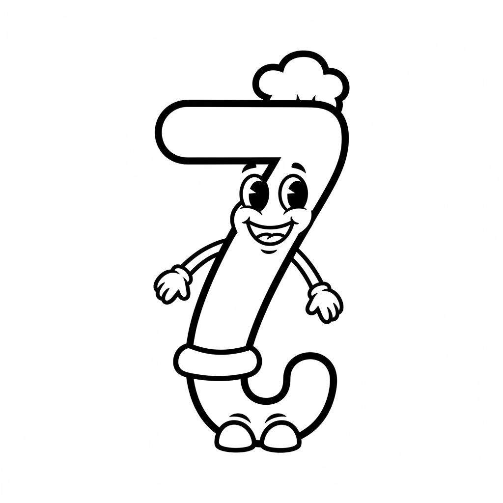 Zwart-wit kleurplaat van een vrolijk gepersonifieerd cijfer 7 met lachend gezicht, armpjes, voetjes, een wolkachtig hoedje en een riem.