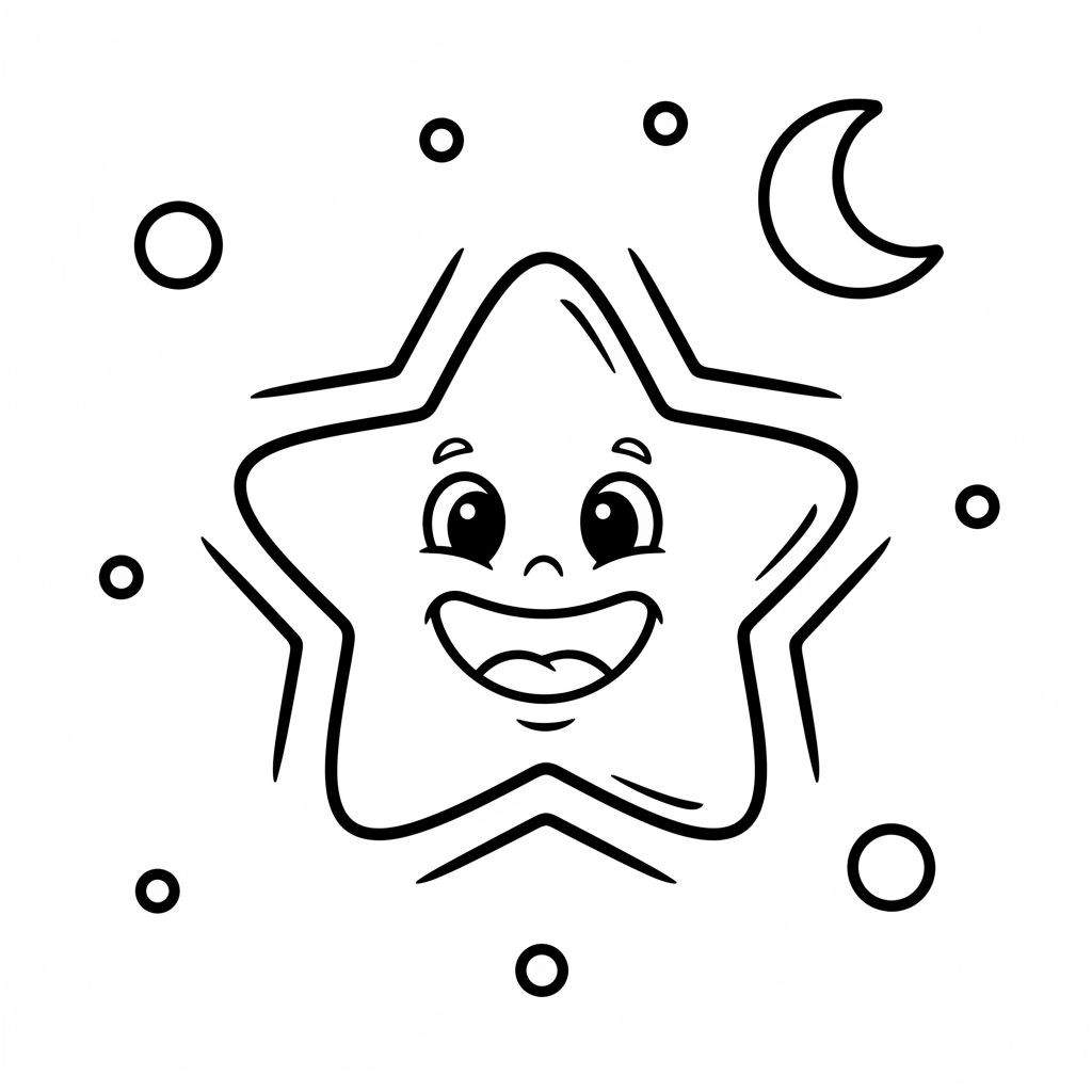 Zwart-wit kleurplaat van een vrolijke ster met lachend gezicht, omringd door kleine sterretjes en een maansikkel. Eenvoudig ontwerp.