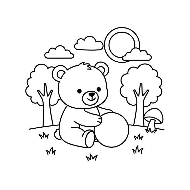 Een makkelijke zwart-wit kleurplaat van een lachend beertje met stipogen dat buiten zit en een grote ronde bal vasthoudt. De omgeving toont twee bomen, drie wolken, een zon en een paddenstoel op de grasgrond.
