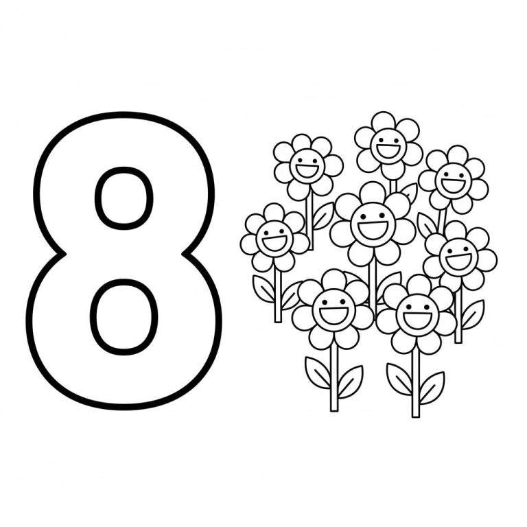 Kleurplaat van een groot cijfer 8 naast acht vrolijke bloemen met lachende gezichtjes, ontworpen om te leren tellen.