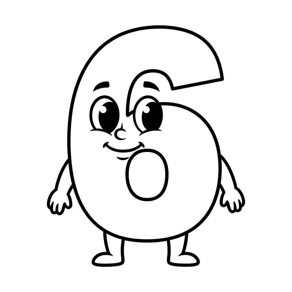 Kleurplaat van een vrolijk cartoon cijfer 6 met gezicht, armen en benen, ideaal voor jonge kinderen om in te kleuren.