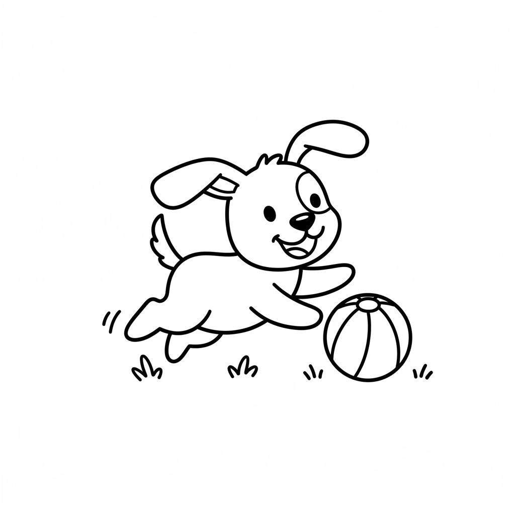 Vrolijk cartoon hondje met blije glimlach rent en springt, spelend met een gestreepte bal in het gras. Eenvoudige zwart-wit lijntekening kleurplaat.