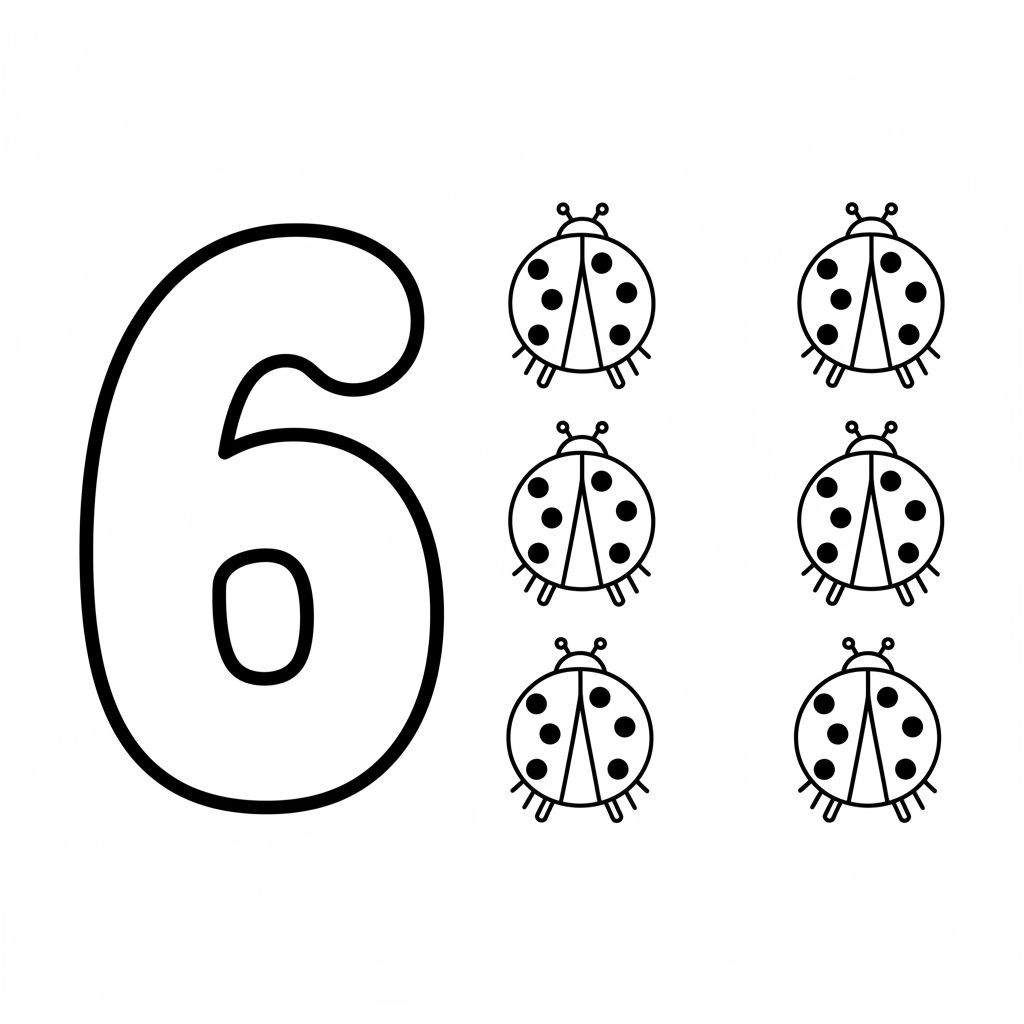 Zwart-wit kleurplaat met een groot hol cijfer 6 links en zes lieveheersbeestjes rechts, elk lieveheersbeestje heeft zes stippen, bedoeld om te leren tellen.