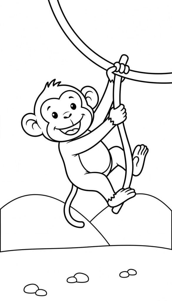 Zwart-wit kleurplaat van een lachende aap die aan een liaan slingert boven twee heuvels en vier rotsjes op de voorgrond.