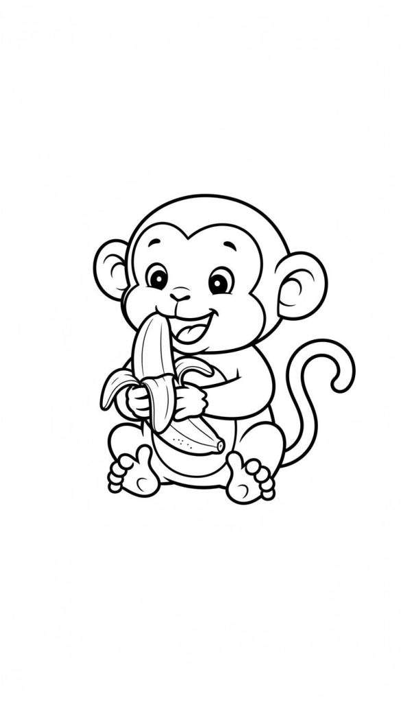 Kleurplaat van een lachend cartoonesk aapje dat een banaan pelt, makkelijk voor kinderen