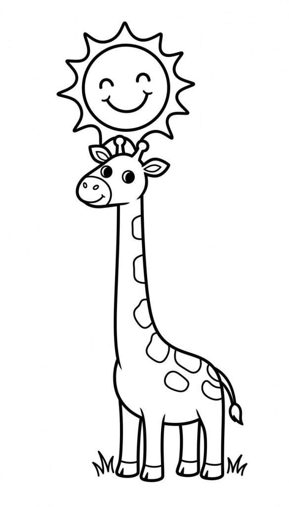 Kleurplaat van een vrolijke cartoon giraf met herkenbare vlekken en een lachende zon op zijn hoofd, omringd door gras.