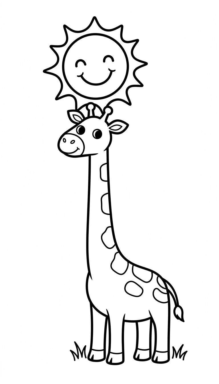 Kleurplaat van een vrolijke cartoon giraf met herkenbare vlekken en een lachende zon op zijn hoofd, omringd door gras.