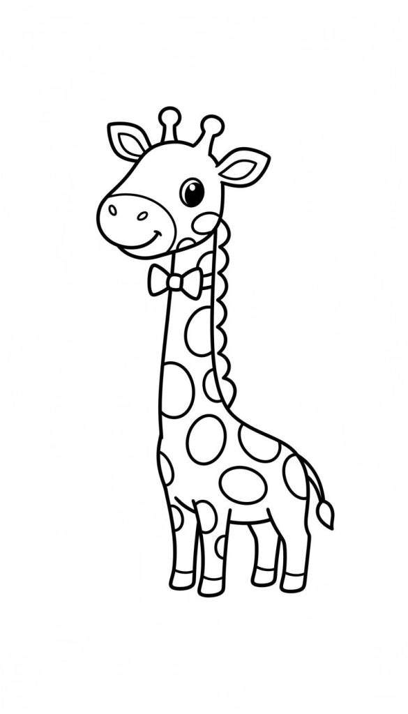 Zwart-wit lijntekening van een glimlachende cartoon giraffe met lange nek, grote ronde vlekken en een strikje om zijn hals, als makkelijke kleurplaat.