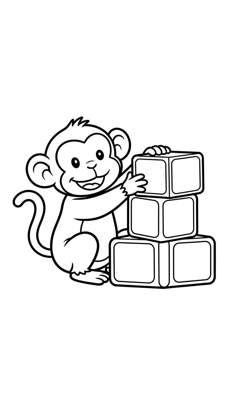 Zwart-wit kleurplaat van een vrolijke, cartoonachtige aap die bouwblokken stapelt.