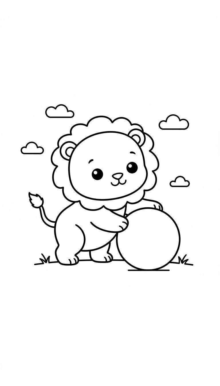 Speelse cartoon leeuwenwelp kleurplaat balancerend op een bal, met wolken en gestileerd gras op de achtergrond. De leeuwenwelp heeft grote ogen en een pluizige manenrand.
