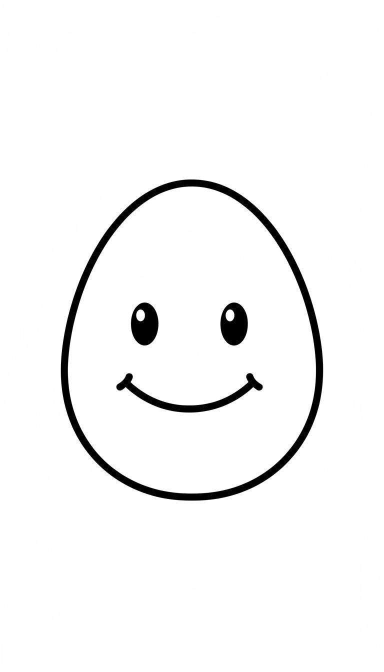 Zwart-wit kleurplaat van een lachend smiley gezicht met een dikke, ovale omtrek, twee ronde ogen en een gebogen glimlach op een witte achtergrond.