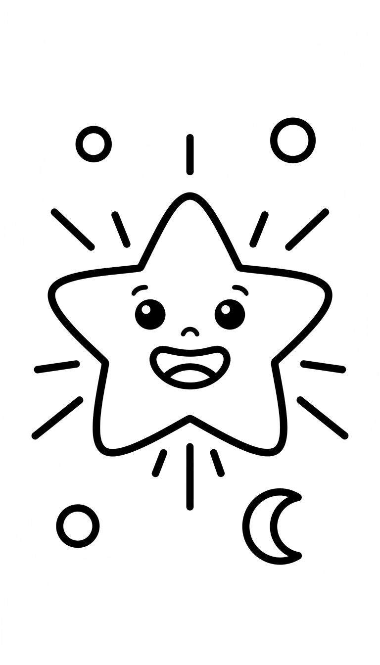 Kleurplaat van een vrolijke, fonkelende ster met lachend gezicht, omringd door drie zwarte cirkels en een maansikkel. Eenvoudig en cartoonachtig ontwerp, zwart-wit.
