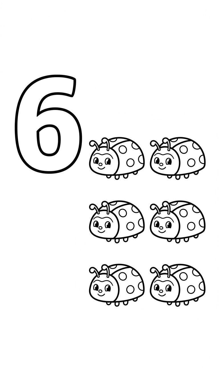 Zwart-wit kleurplaat met een groot cijfer 6 aan de linkerkant en zes vrolijke lieveheersbeestjes aan de rechterkant om te tellen en in te kleuren.