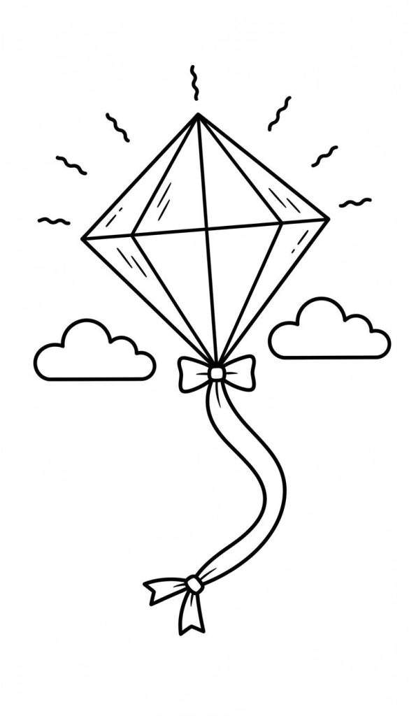 Zwart-wit kleurplaat van een grote, gefacetteerde diamant met glinsteringen, een strik, en een lang golvend lint met nog een kleinere strik eronder, zwevend tussen twee eenvoudige wolkjes. Het geheel lijkt op een diamantvlieger of een sierlijke hanger.