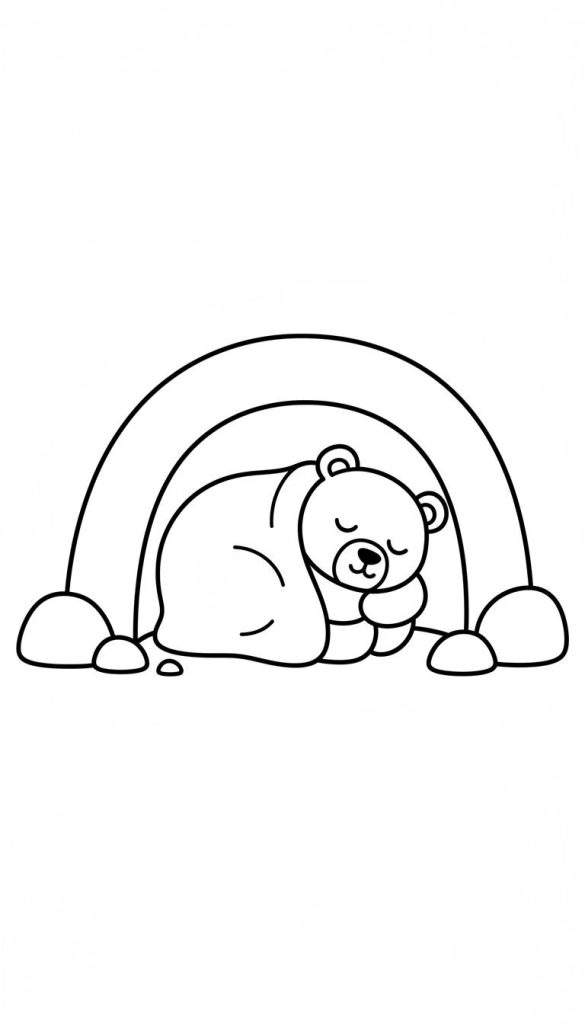 Lijntekening van een vredig slapende, mollige beer opgerold op zijn zij, met gesloten ogen en een glimlach, onder een grote dubbele regenboog. Eenvoudige rotsen of heuveltjes zijn zichtbaar aan de uiteinden van de regenboog en deels onder de beer. Dit is een makkelijke zwart-wit kleurplaat.