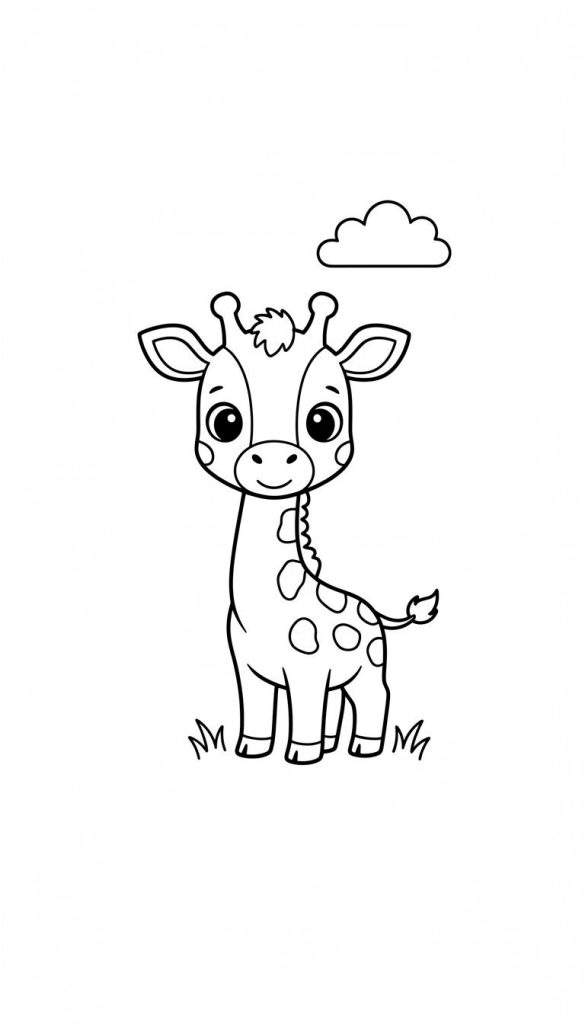 Zwart-wit lijntekening van een staande, schattige babygiraffe met grote, vriendelijke ogen, een glimlach, kleine hoorntjes en ronde vlekken. Rechtsboven een wolk, onderaan gras. Eenvoudige kleurplaat voor kinderen.