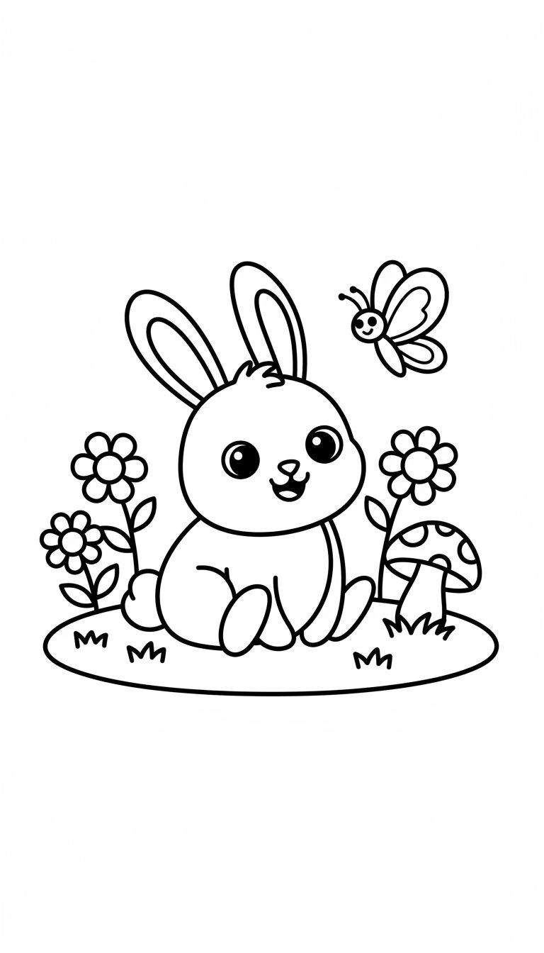 Zwart-witte lijntekening van een schattig, lachend konijntje in een natuurlijke omgeving met bloemen, een paddenstoel en een vliegende vlinder. Eenvoudig en kindvriendelijk.