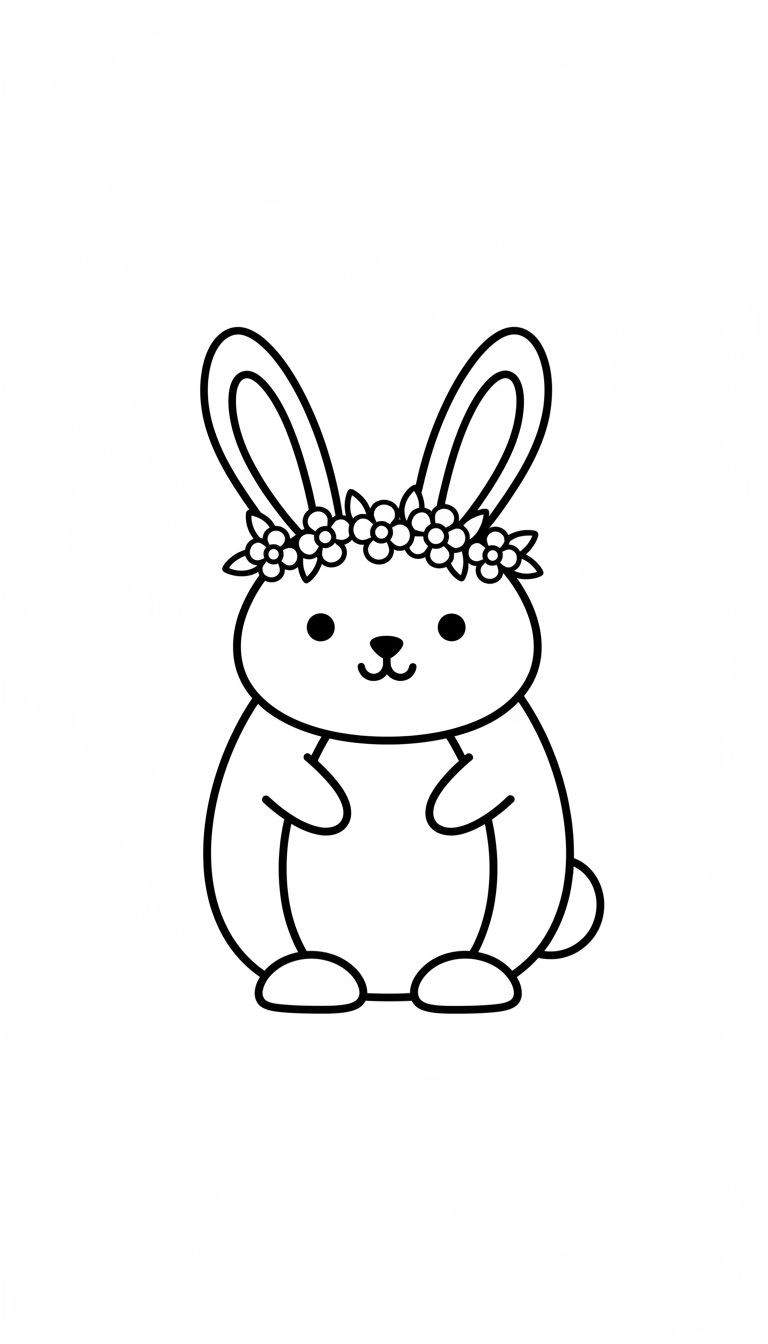 Eenvoudige zwart-wit lijntekening van een cartoonesk konijn met grote opstaande oren, een bloemenkrans op zijn hoofd, kleine stipogen en een hartvormig mondje, zittend en recht naar voren gericht. Geschikt als makkelijke kleurplaat.