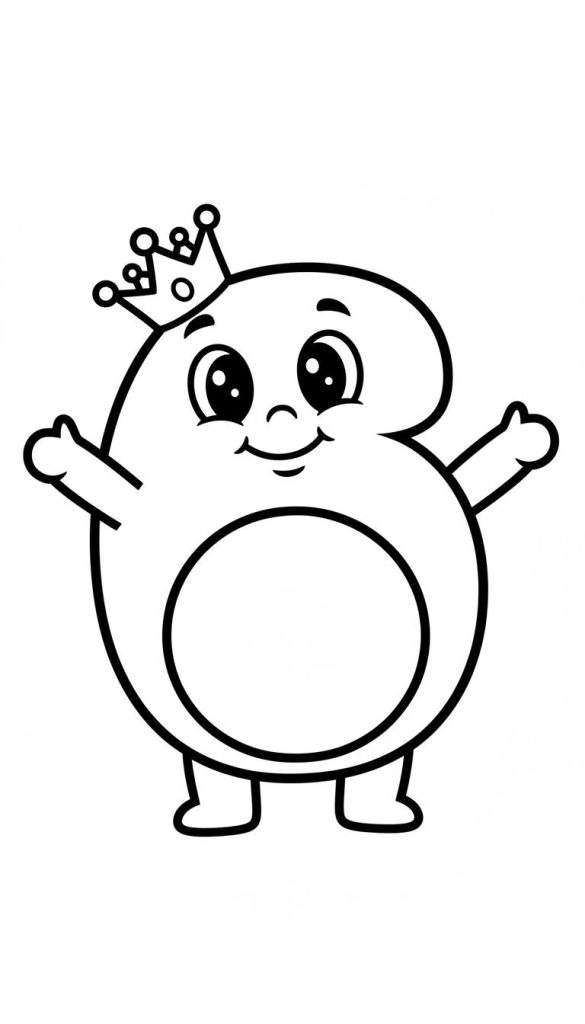 Zwart-wit kleurplaat van een vrolijk cartoonfiguur in de vorm van de letter B, met een kroontje, lachend gezicht, mollige armen en vierkante voeten. Eenvoudig ontwerp voor kinderen.