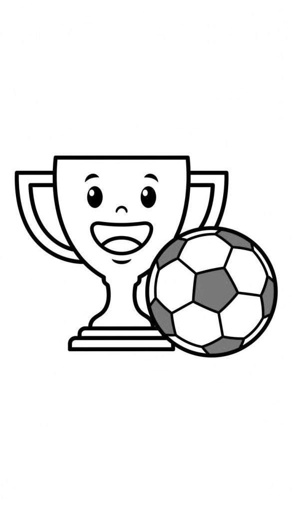 Kleurplaat van een lachende cartoon trofee en een voetbal met grijs-witte vlakken op een witte achtergrond.