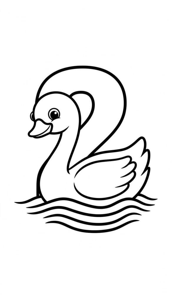 Zwart-witte kleurplaat van een zwaan op water, waarbij de zwaan de vorm van het cijfer 2 aanneemt. Eenvoudig en kindvriendelijk.