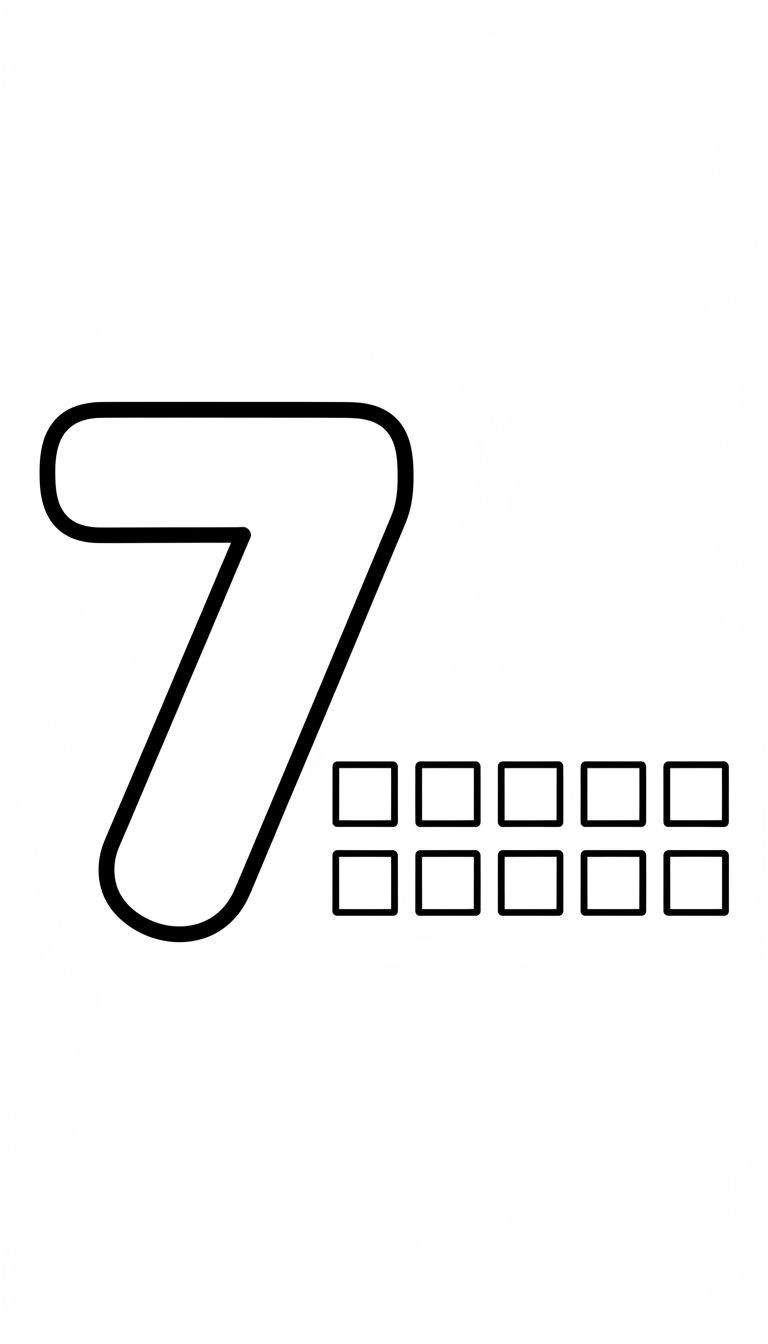 Kleurplaat van het cijfer 7 naast twee rijen van 7 lege vierkantjes, ideaal voor jonge kinderen om te leren tellen en kleuren.