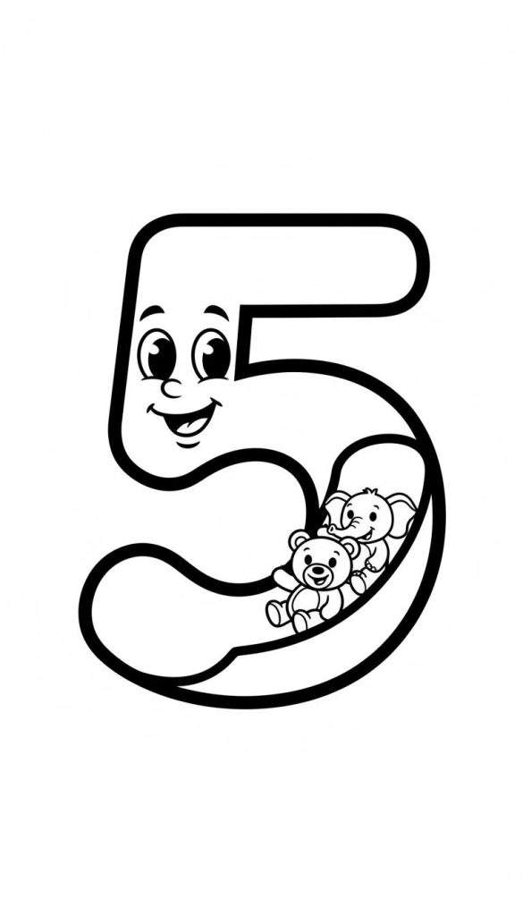 Zwart-wit kleurplaat van het lachende cijfer 5 met een teddybeer en een olifantje erin, makkelijk voor kinderen.