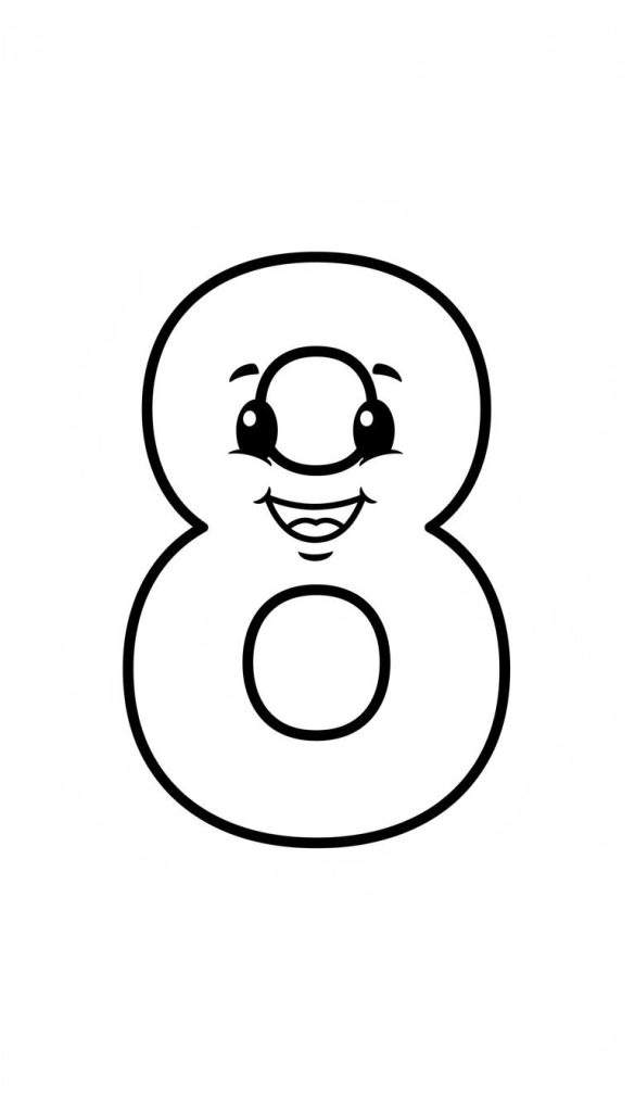 Zwart-wit kleurplaat van een vrolijk, gepersonaliseerd getal 8 met gezichtje.