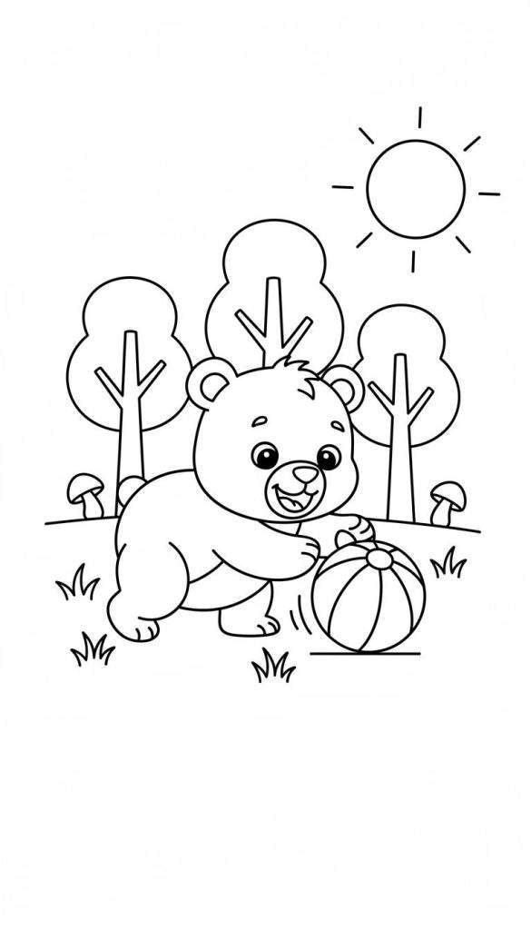Zwart-wit lijntekening van een vrolijk lachend beertje dat met een gestreepte bal speelt in een grasveld met bomen, twee paddestoelen en een zon.