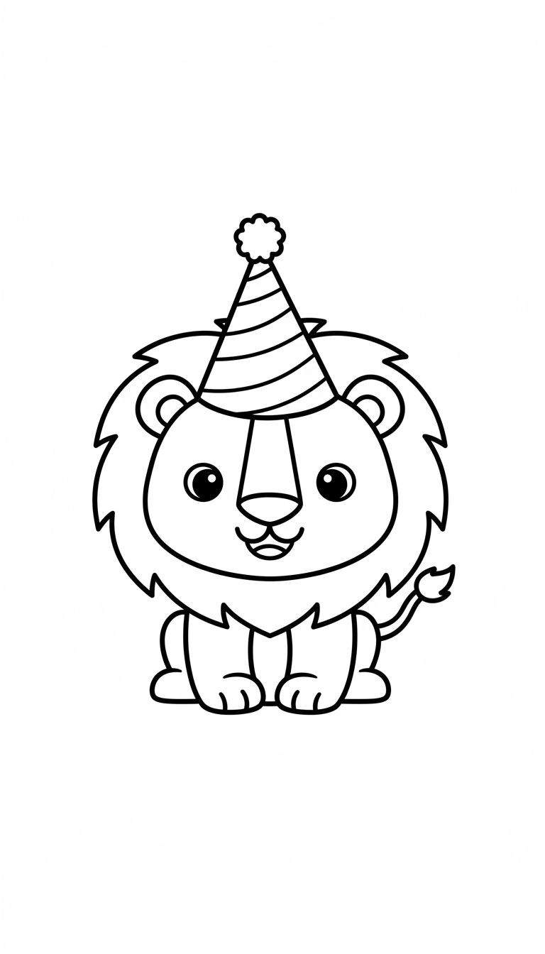 Lijntekening van een schattige, vrolijke cartoon leeuw die rechtop zit, met grote ronde ogen, een brede glimlach, en ronde gekartelde manen. Hij draagt een gestreepte kegelvormige feestmuts met een pluizige pompon op zijn hoofd.