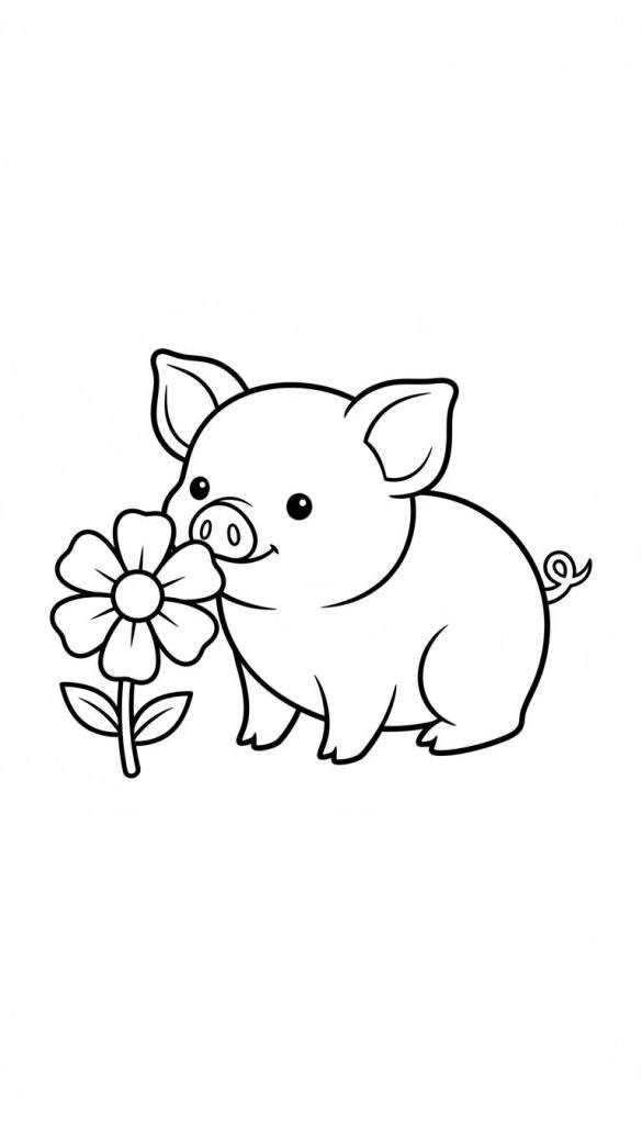 Zwart-wit kleurplaat van een schattig, cartoonachtig biggetje met grote ogen en krulstaartje, dat aan een bloem met vijf blaadjes ruikt. Eenvoudige stijl.