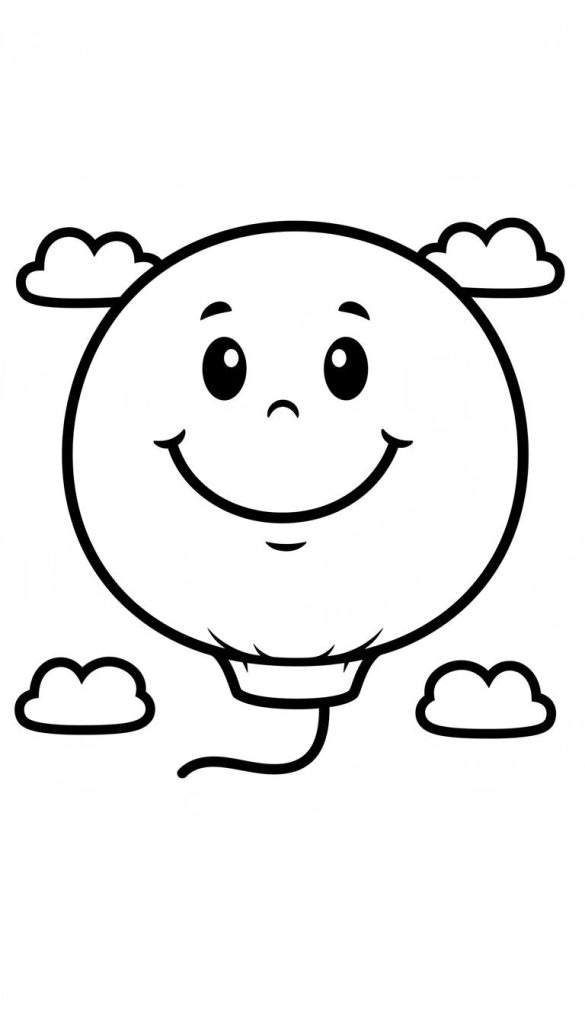 Zwart-witte lijntekening van een grote, ronde, vrolijk lachende ballon met ogen, neus en mond, en een krullend touwtje. De ballon wordt omringd door vier simpele wolken. Een makkelijke kleurplaat voor kinderen.