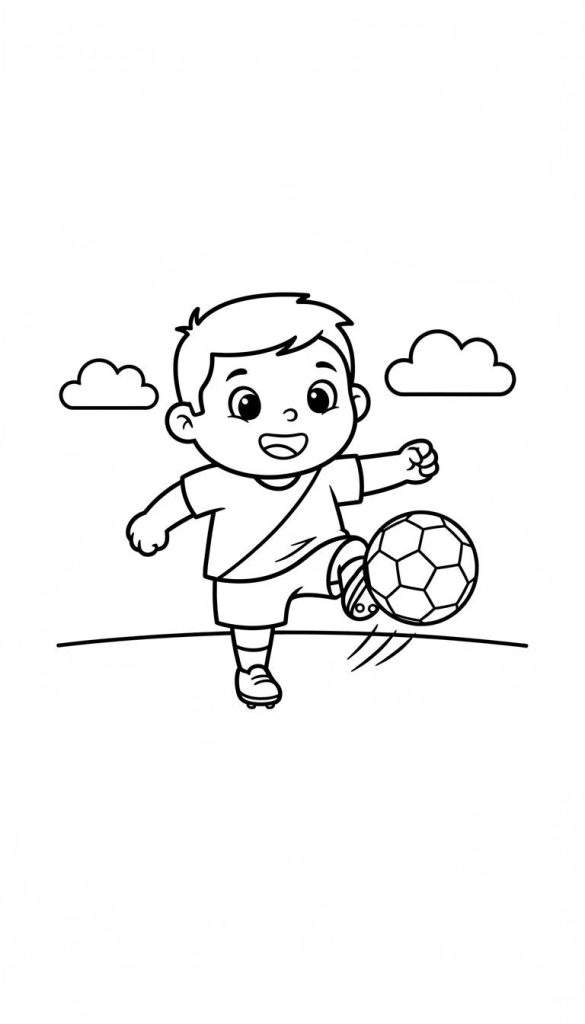 Lachende jongen in T-shirt, korte broek en voetbalschoenen trapt een voetbal. Eenvoudige zwart-wit lijntekening met twee wolken en grondlijn op de achtergrond. Makkelijke voetbal kleurplaat.