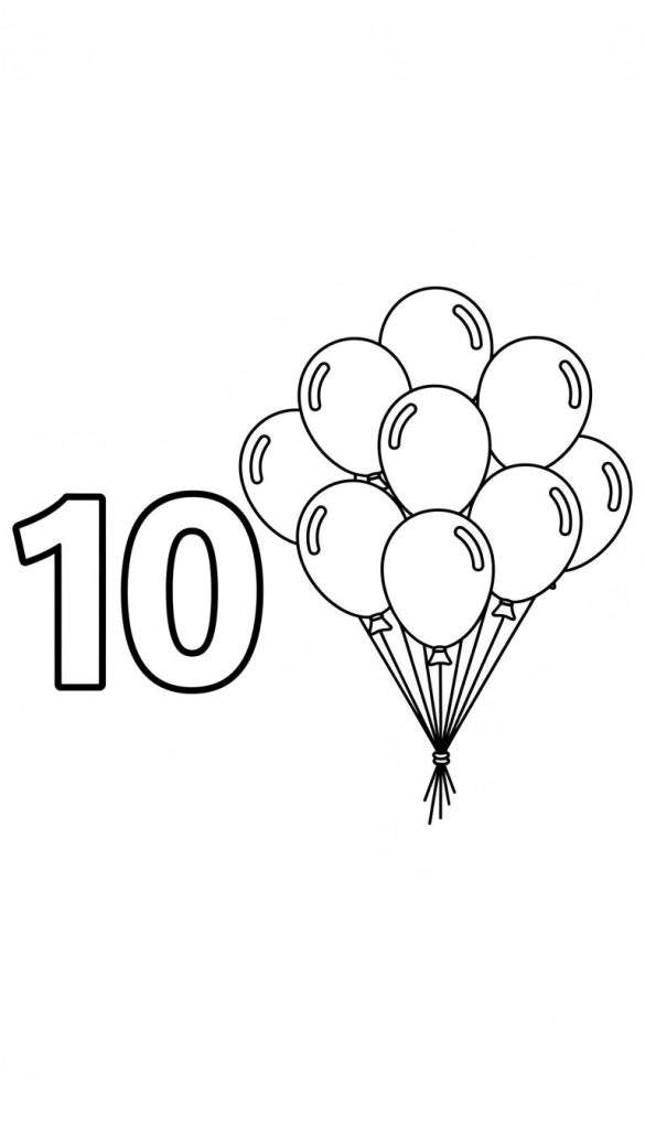Kleurplaat: groot getal 10 en een tros van tien samengebonden ballonnen.