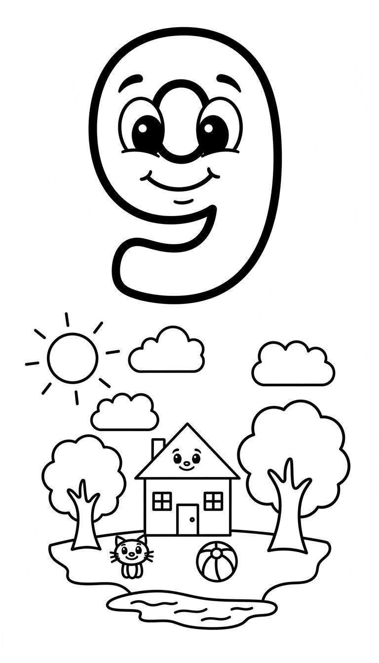 Kleurplaat van vrolijk nummer 9 met gezicht, huisje, katje, bomen, zon, wolken en waterpartij.