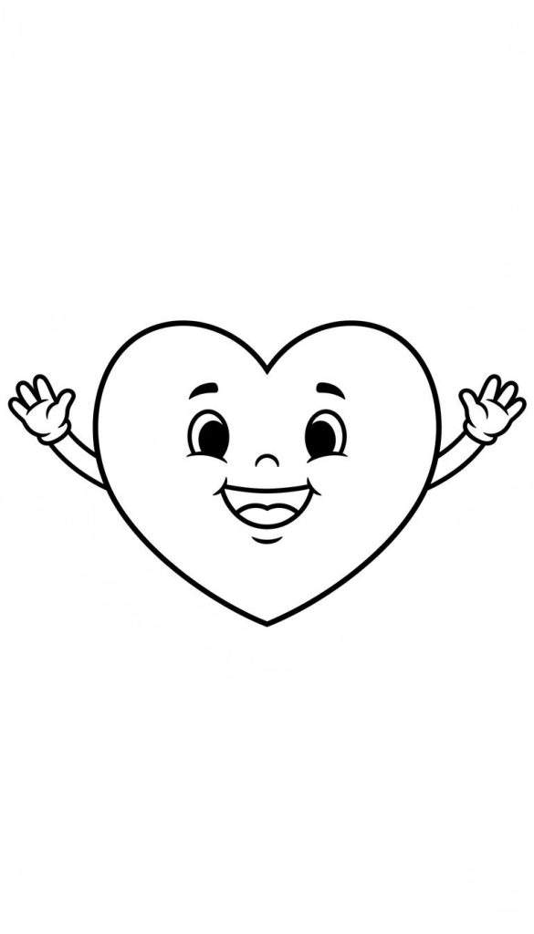 Zwart-witte lijntekening van een vrolijk, lachend hart met grote ogen, brede glimlach, en twee open armen, klaar om te knuffelen of te zwaaien. Een makkelijke en liefdevolle kleurplaat.