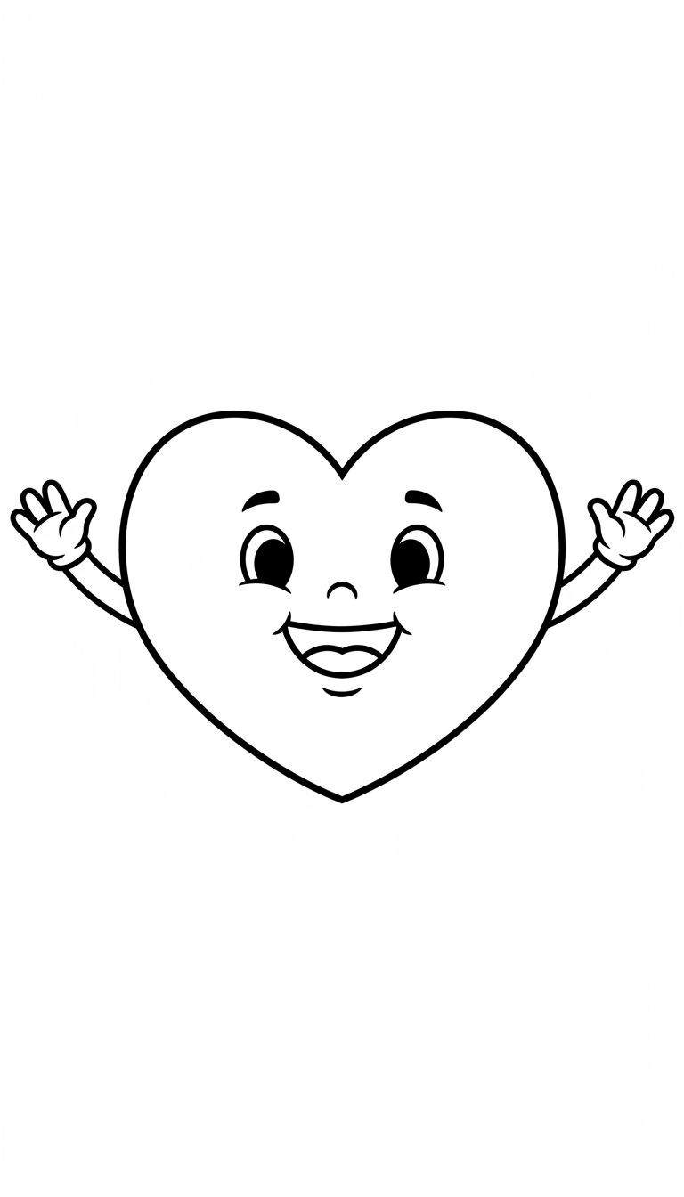 Zwart-witte lijntekening van een vrolijk, lachend hart met grote ogen, brede glimlach, en twee open armen, klaar om te knuffelen of te zwaaien. Een makkelijke en liefdevolle kleurplaat.