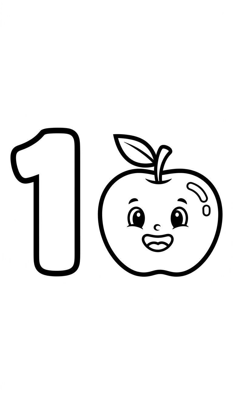 Kleurplaat van een groot cijfer 1 naast een vrolijk lachende cartoon appel met steeltje en blaadje.