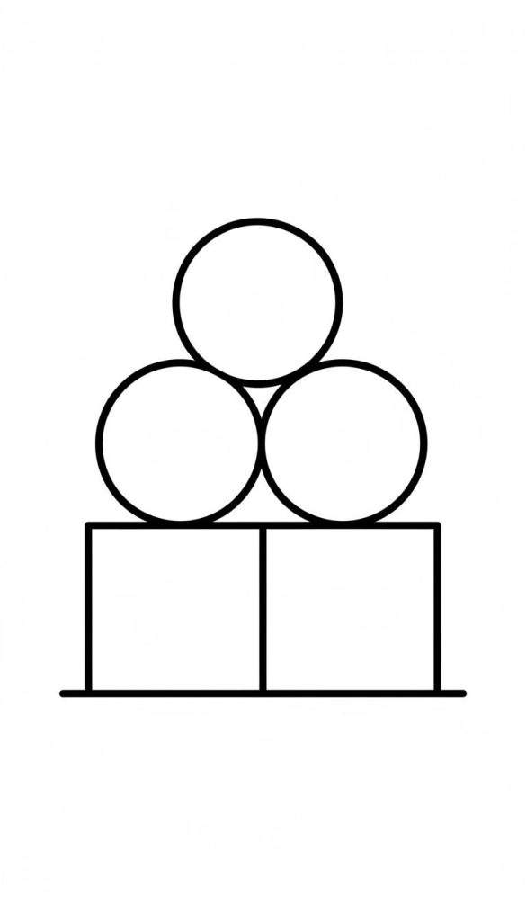 Zwart-wit kleurplaat van gestapelde geometrische vormen: twee vierkante blokken naast elkaar op een horizontale lijn, met daarbovenop twee cirkels die elkaar raken, en daar weer bovenop één enkele cirkel, samen een piramidevormend.