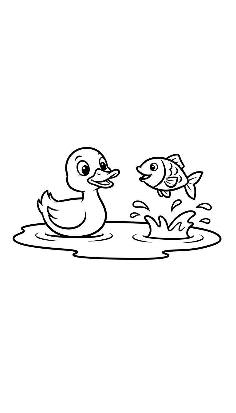 Zwart-wit lijntekening van een lachend eendje dat drijft in het water naast een vrolijke vis die uit het water springt, met spetters. De dieren lijken te spelen.