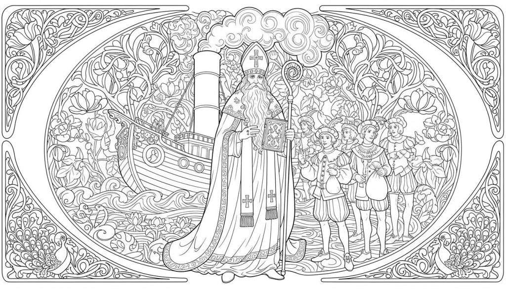 Gedetailleerde Sinterklaas kleurplaat in Art Nouveau stijl: een bisschop met mijter, staf en boek, geflankeerd door een schip met stoom en vijf jongens in historische kleding, omringd door een weelderige rand met bloemen, bladeren en pauwen.