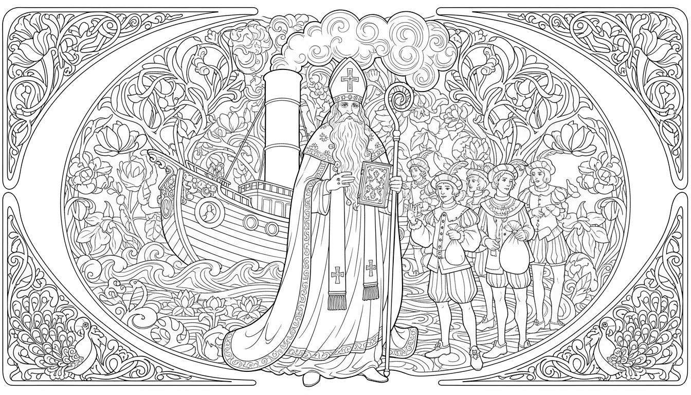 Gedetailleerde Sinterklaas kleurplaat in Art Nouveau stijl: een bisschop met mijter, staf en boek, geflankeerd door een schip met stoom en vijf jongens in historische kleding, omringd door een weelderige rand met bloemen, bladeren en pauwen.
