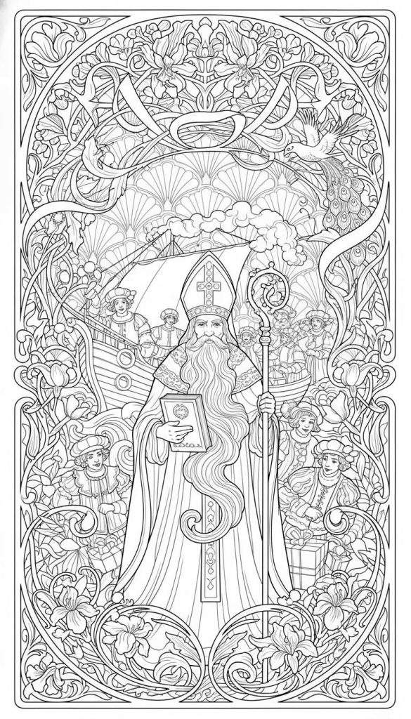 Gedetailleerde Art Nouveau Sinterklaas kleurplaat met bisschop, zeilschip, kinderen, cadeaus, en een decoratieve bloemenrand met pauw.