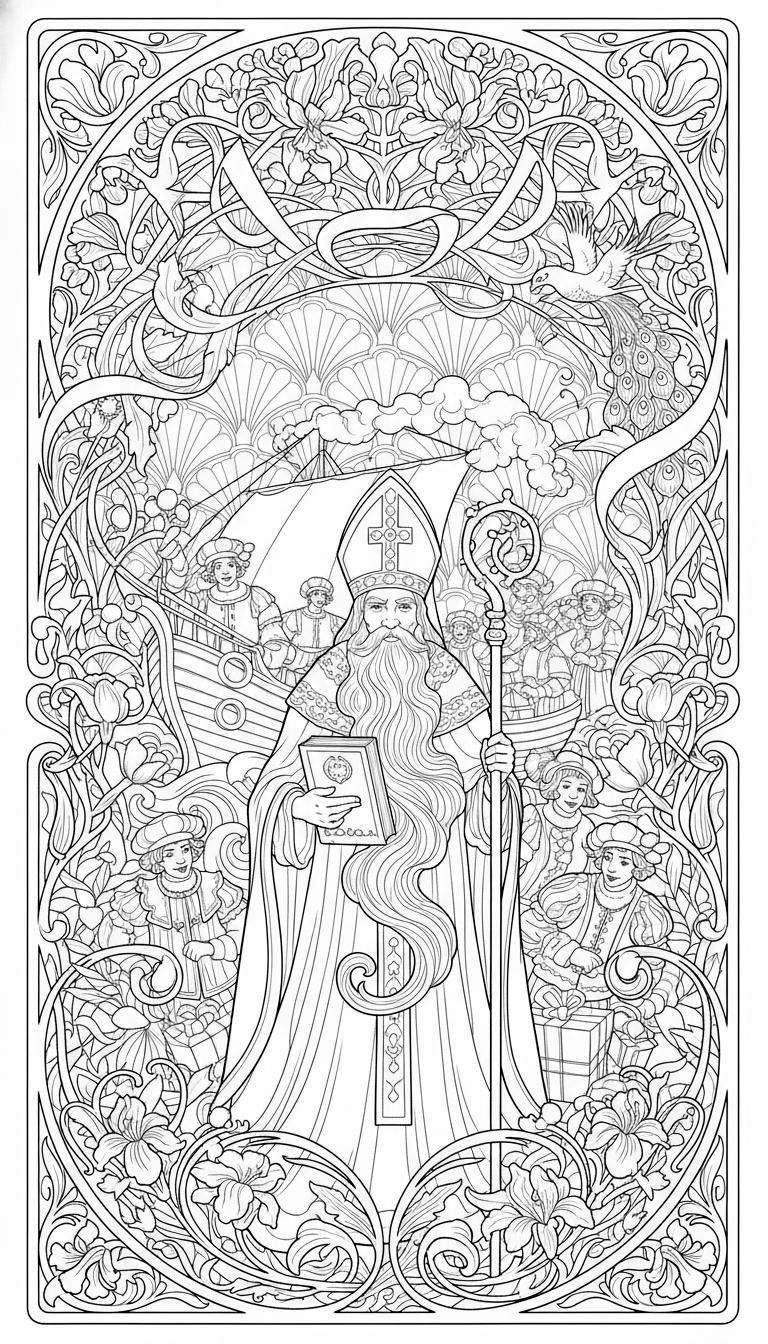 Gedetailleerde Art Nouveau Sinterklaas kleurplaat met bisschop, zeilschip, kinderen, cadeaus, en een decoratieve bloemenrand met pauw.