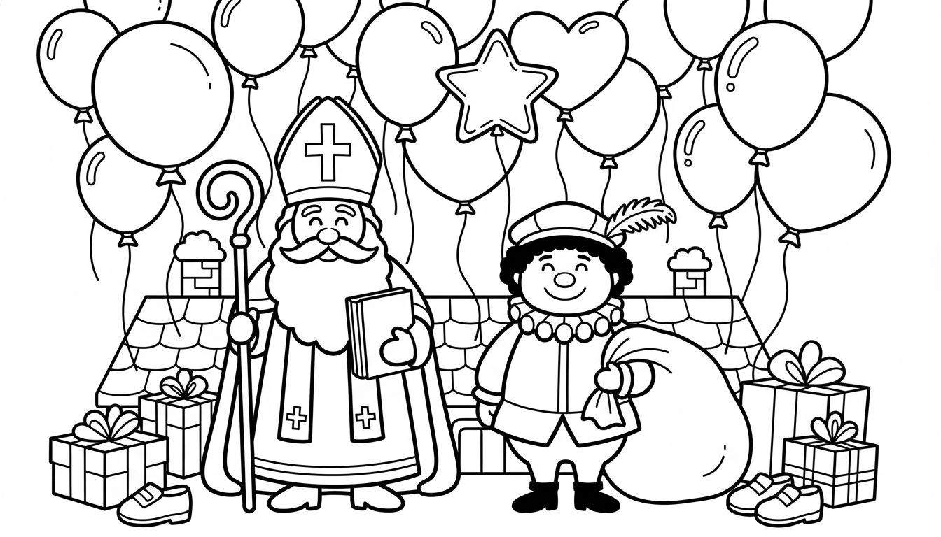 Kleurplaat van Sinterklaas met staf en boek naast Zwarte Piet met cadeautjeszak, omringd door ballonnen, daken, schoorstenen, en pakjes met schoenen.